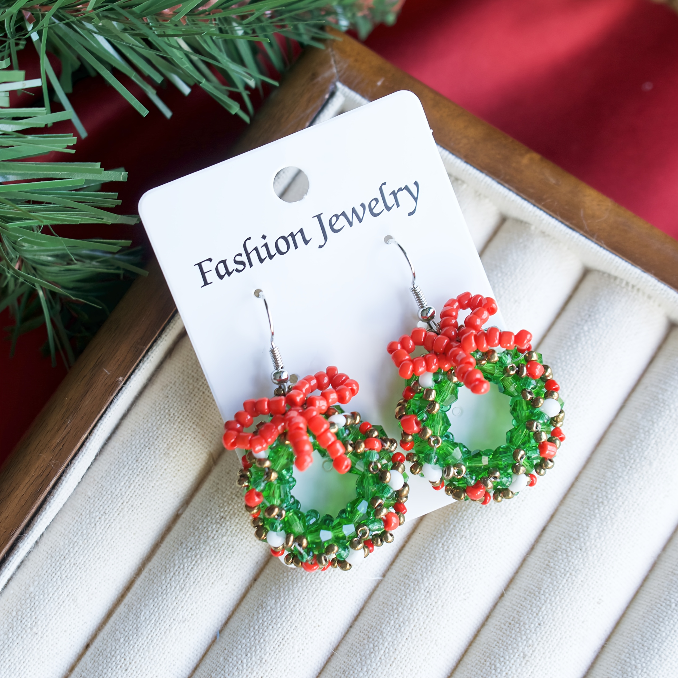 Women's Bohemian Red & Green Beaded Drop Earrings