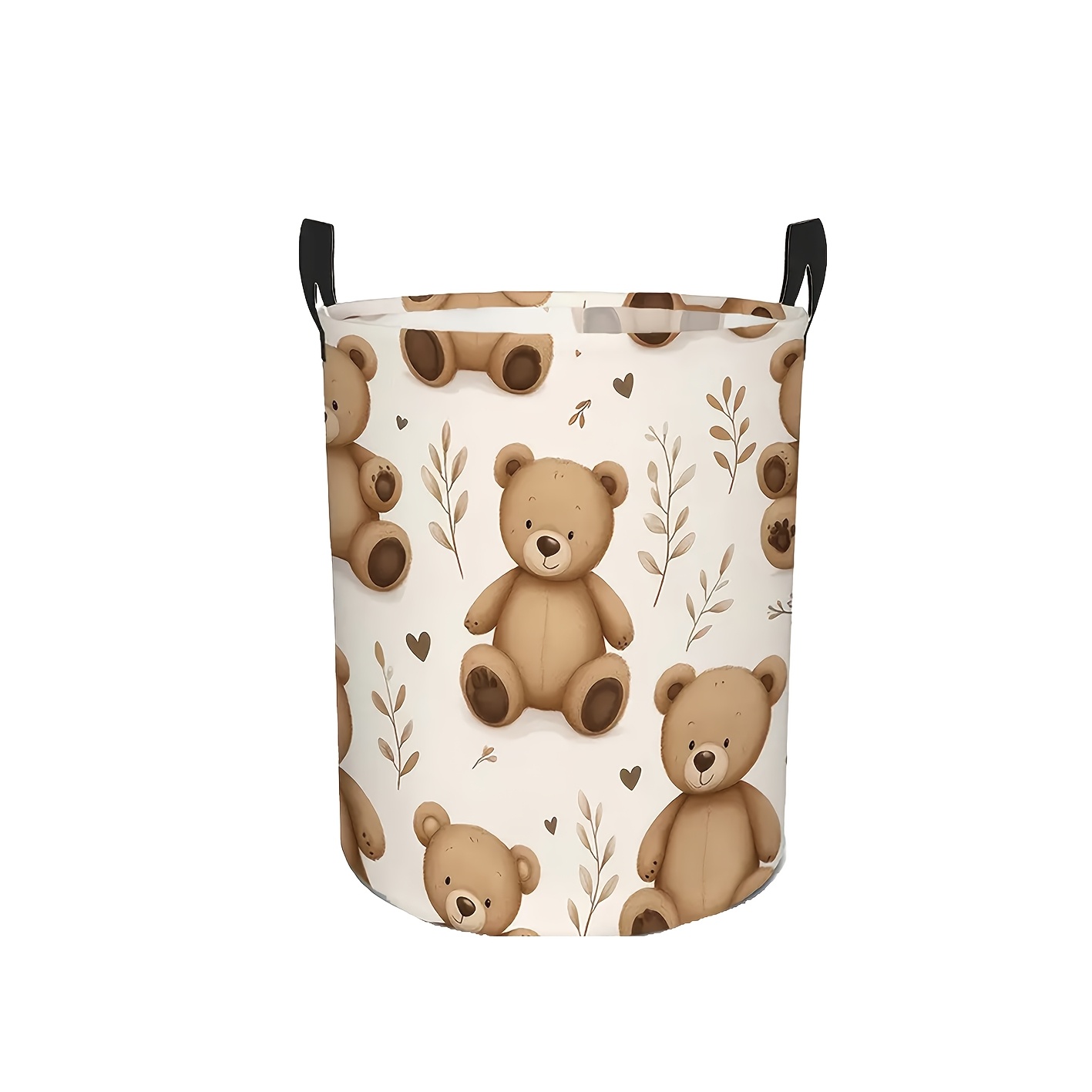 TEMU 1pc Soft Teddy Bear Hamper Basket - Large Foldable Round Clothes Storage With Bear & Milk/coffee Leaf Patterns, Cute Suitable For Room,, Dorm
