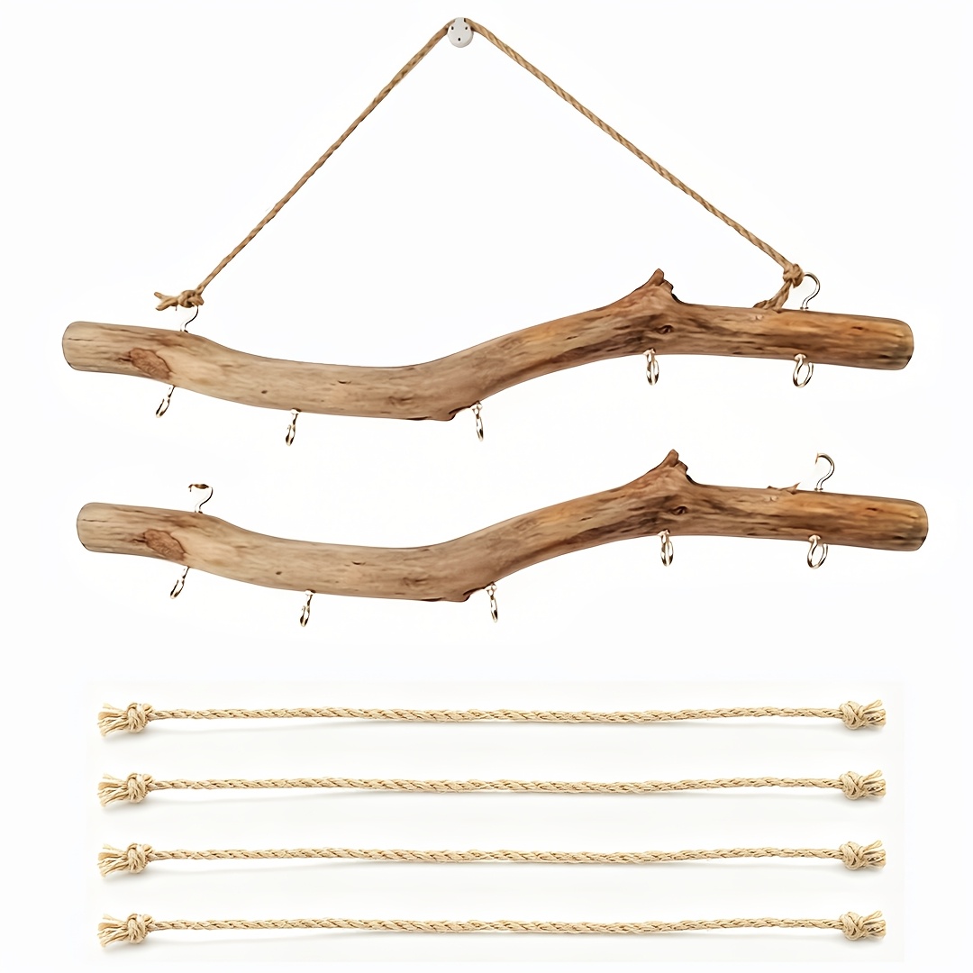 TEMU Natural Driftwood Decorative Branches; Farmhouse-style Wall-mounted Storage Rack With 5 Hooks; Rustic Wooden Jewelry Display Stand; No