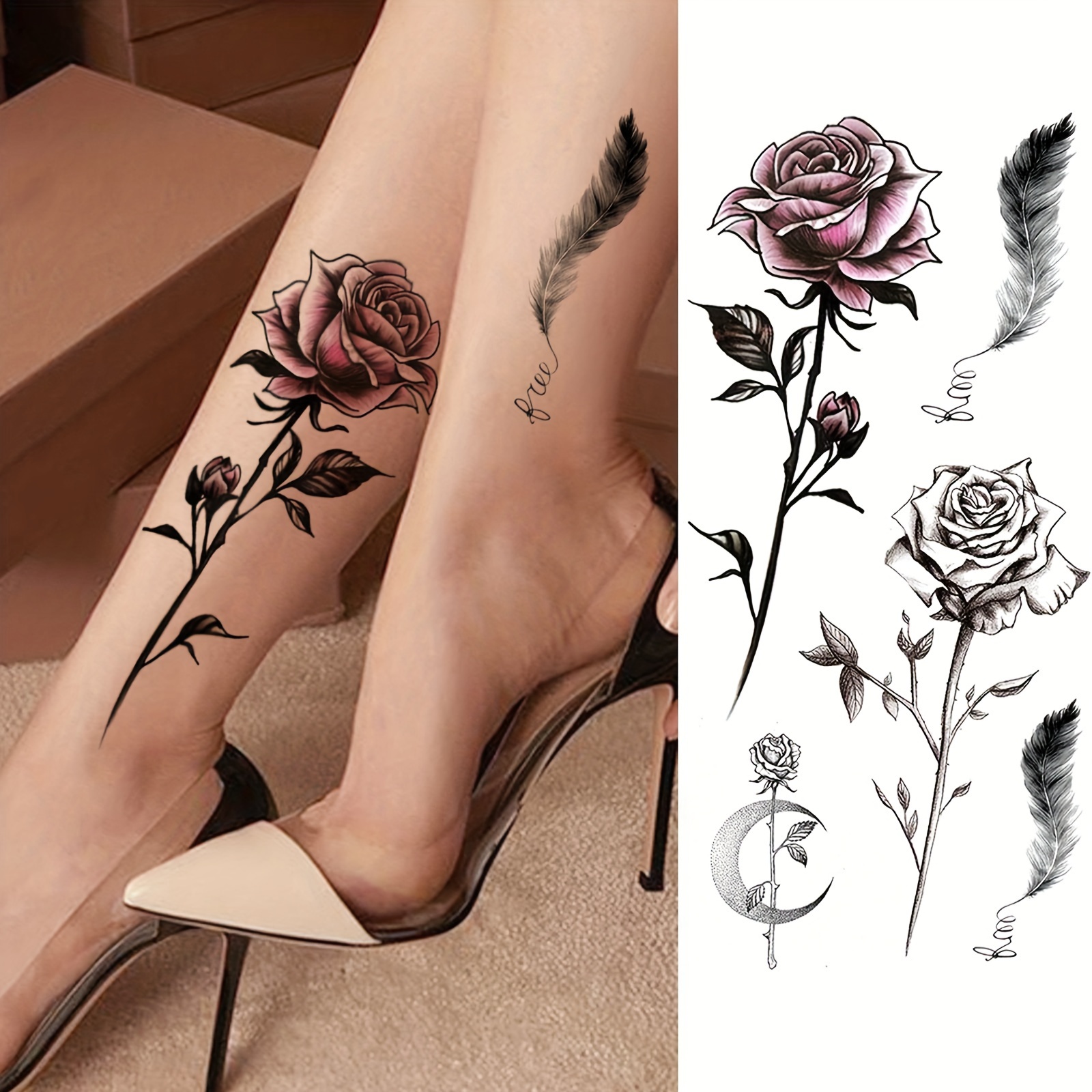 A Realistic Rose Branch Temporary Tattoo For Women, Suitable For And Legs, Featuring Waterproof For Long-lasting Body Art.