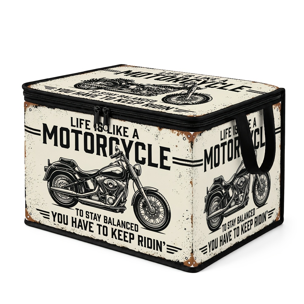 TEMU 1pc Vintage Biker Storage Box With Zippered Lid - Motorcycle Vehicle - Foldable Oxford Cloth Box Suitable For Bedding, Blankets, Clothes -