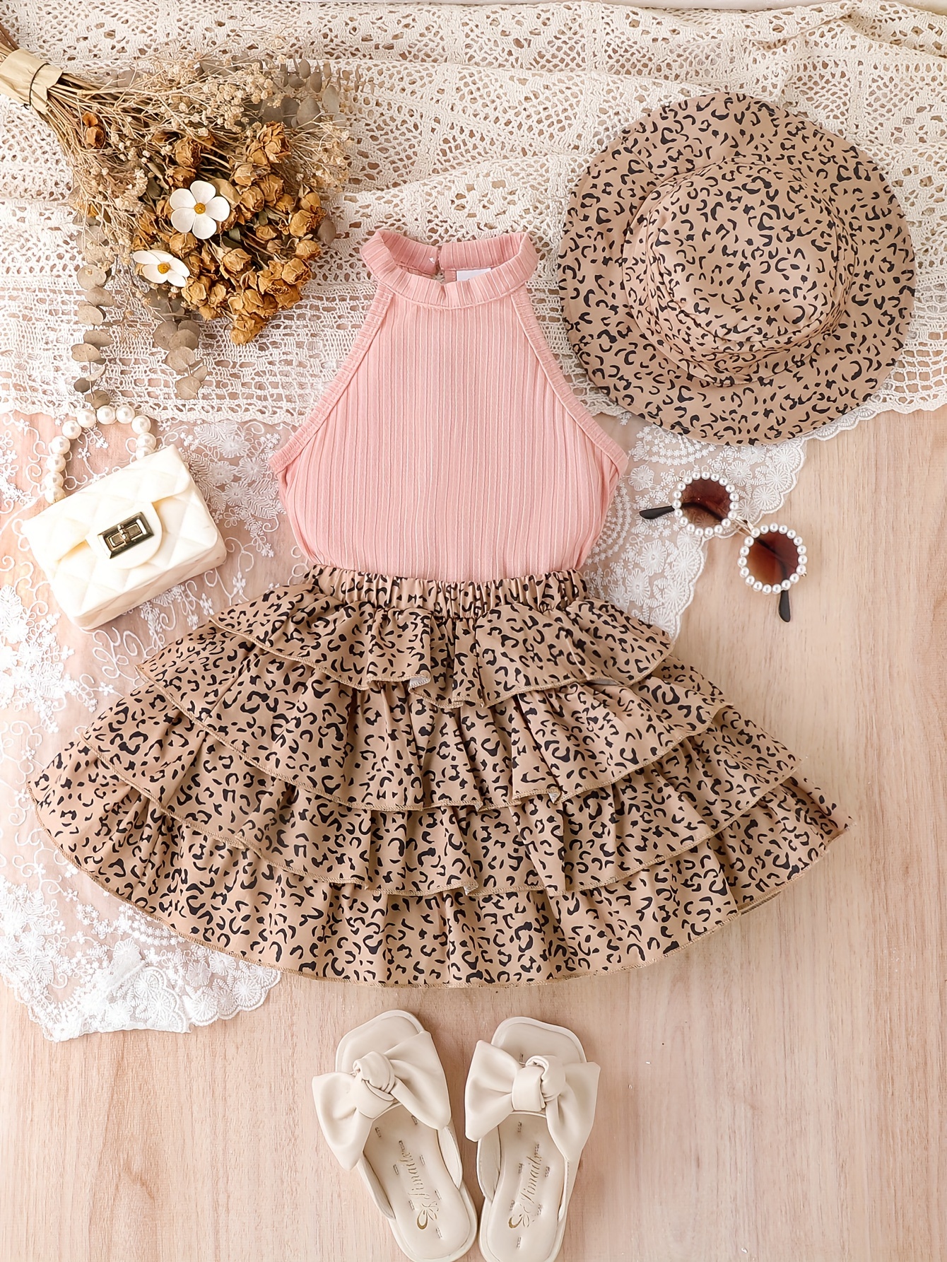 Girls' 3pcs Vintage Leopard Print Outfit Set - Sleeveless Cotton Blend Bandeau Top, Tiered Skirt, and Matching Hat - Casual Summer Wear for Kids with Frill Details