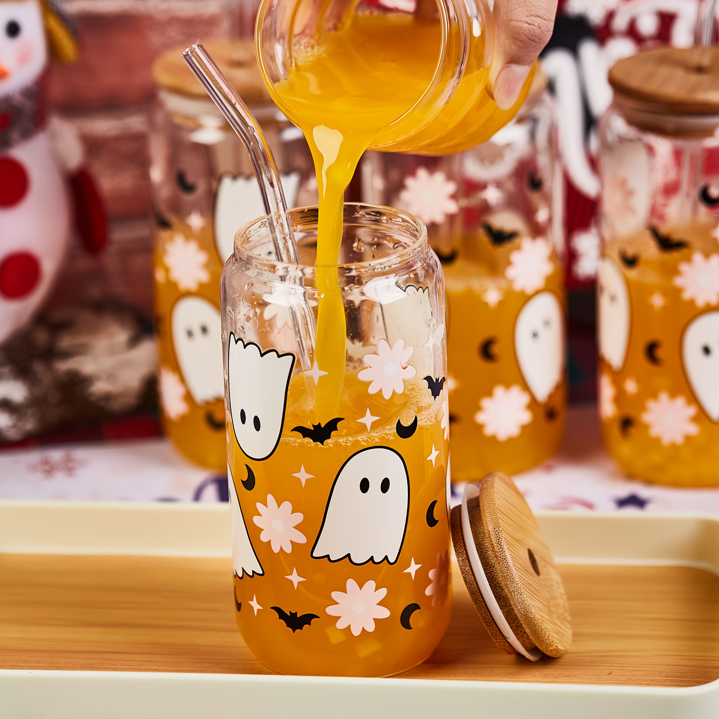 

Insulated | Halloween Glass With Bamboo Lid & Reusable Straw - 18oz/550ml Can-shaped Cup For Iced Coffee, Juice, Milk - Halloween Decor And Summer Drinkware, Halloween Decorations