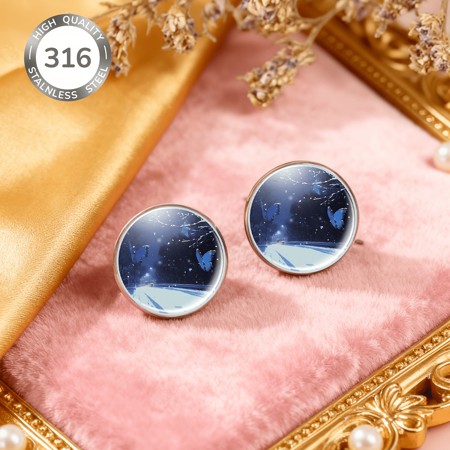 2pcs No-Piercing Stainless Steel Earrings with Night Scene Butterflies