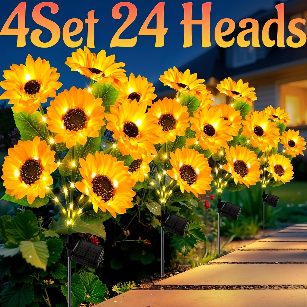 TEMU Solar Lights Outdoor Garden Decor, Upgraded Solar Garden 4pcs Lights With 24 Sunflower Lights, Solar Flowers Outdoor Ip65 For Garden Flower Bed