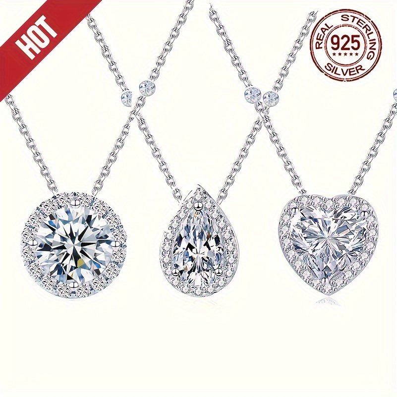 

925 Sterling Silver Simple Sparkling Round/ Waterdrop/ Heart Design Zircon Hypoallergenic Pendant Necklace For Female Women Luxury Wedding Engagement Jewelry Daily Wear Party Gift