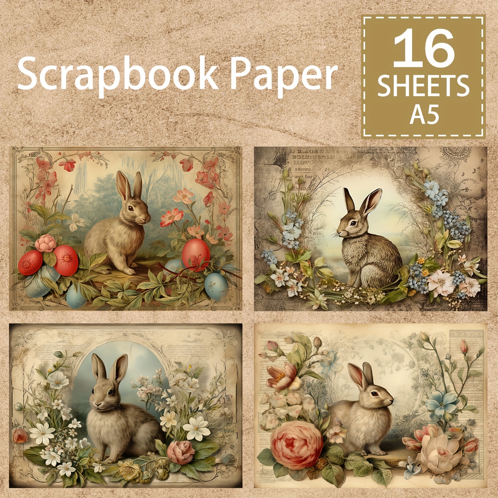 

16 Sheets A5 Size Easter Bunny Egg Basket Wreath Flower Retro Background Material Decoration Diy Retro Journal Junk Journal Greeting Card Planner Background Card Pad