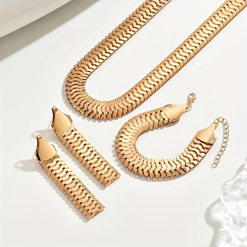 TEMU Set de Joyería de Metal Grueso de 4 piezas, Collar de Cadena de Espiga de Hueso de Serpiente Punk Vintage, Aretes Colgantes, Pulsera para Mujer,