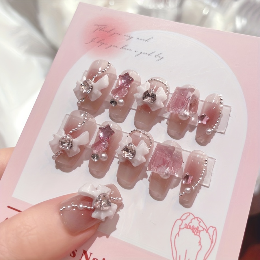 TEMU 24pcs/set Glossy Handmade Medium Ballerina Pinkish Gradient Press On Nails 3d Bow And Rhinestone Design Pearl Fake Nails Acrylic Sweet False Nails Full Cover Stick On Nails For Women And Girls