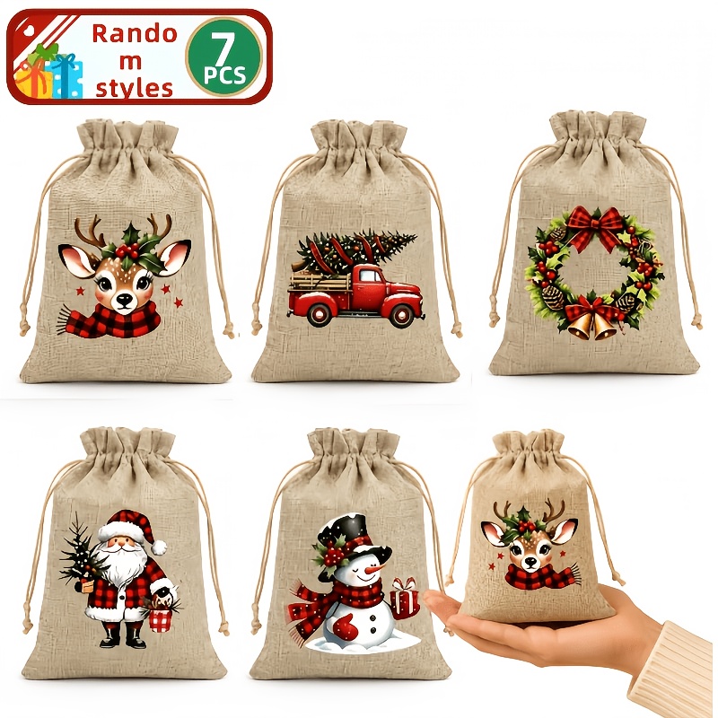 TEMU 7pcs Christmas Jute Gift Bags For Her/him - Random Style, Reusable Drawstring Bags With Christmas Theme Design, Suitable For Christmas Party