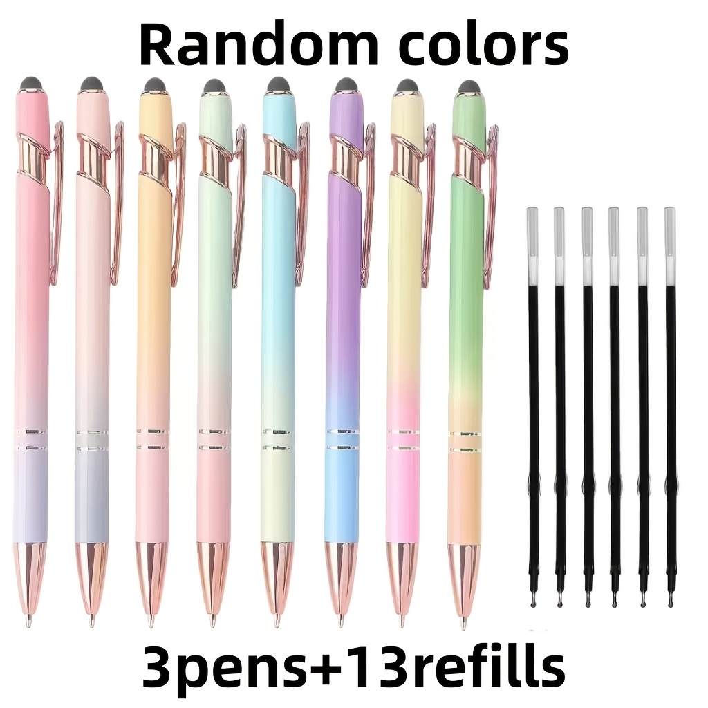 16pcs 2-in-1 Retractable Ballpoint Pen With Stylus Tip, Metal Stylus, 1.0mm Black Ink, Suitable For Office And School Supplies Writing Pens (3 Pens + 13 Refills Random Color)