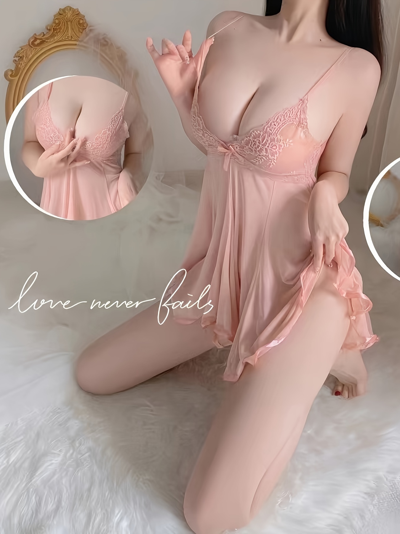 Sexy Lace Mesh Lingerie Set See Through V Neck Mini Slip - Temu Canada