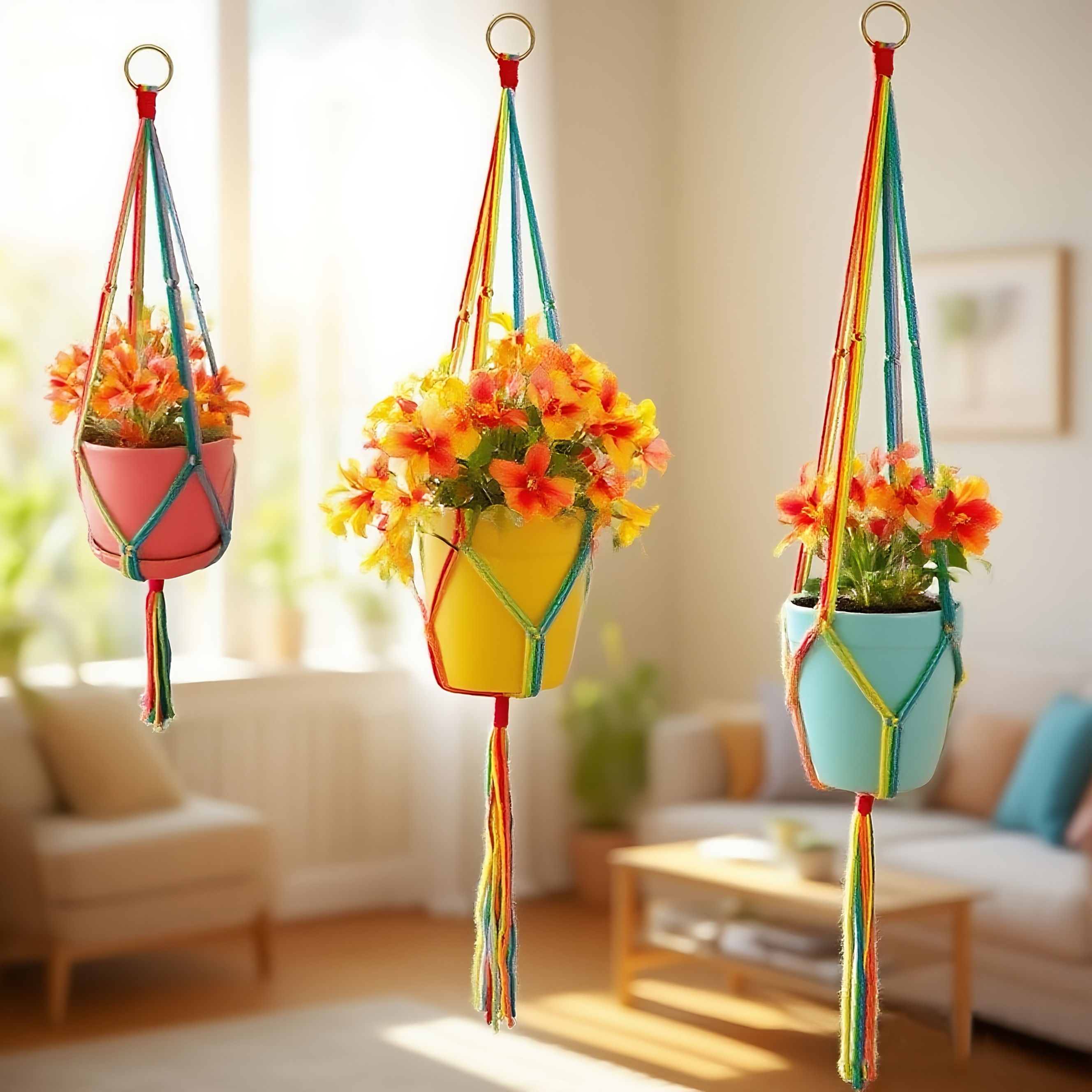 Image of Rainbow Macrame Plant Hangers Indoor Outdoor, 3 Pack Different Size Flower Pot Holder Hanging Plant Holder For Windows Garden Boho Home Decor