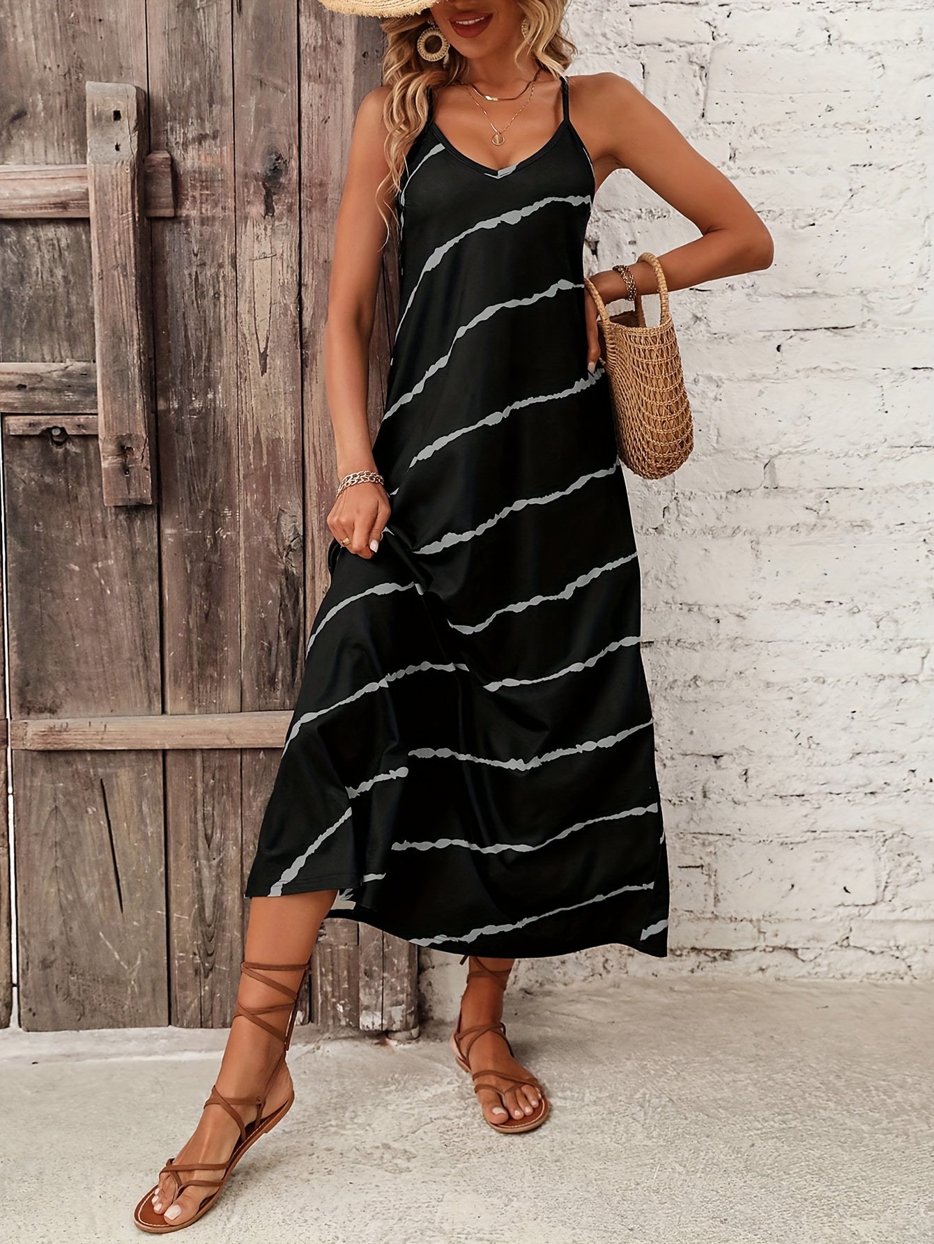 Tie Dye Print Maxi Dress Casual V Neck Spaghetti Strap Dress - Temu