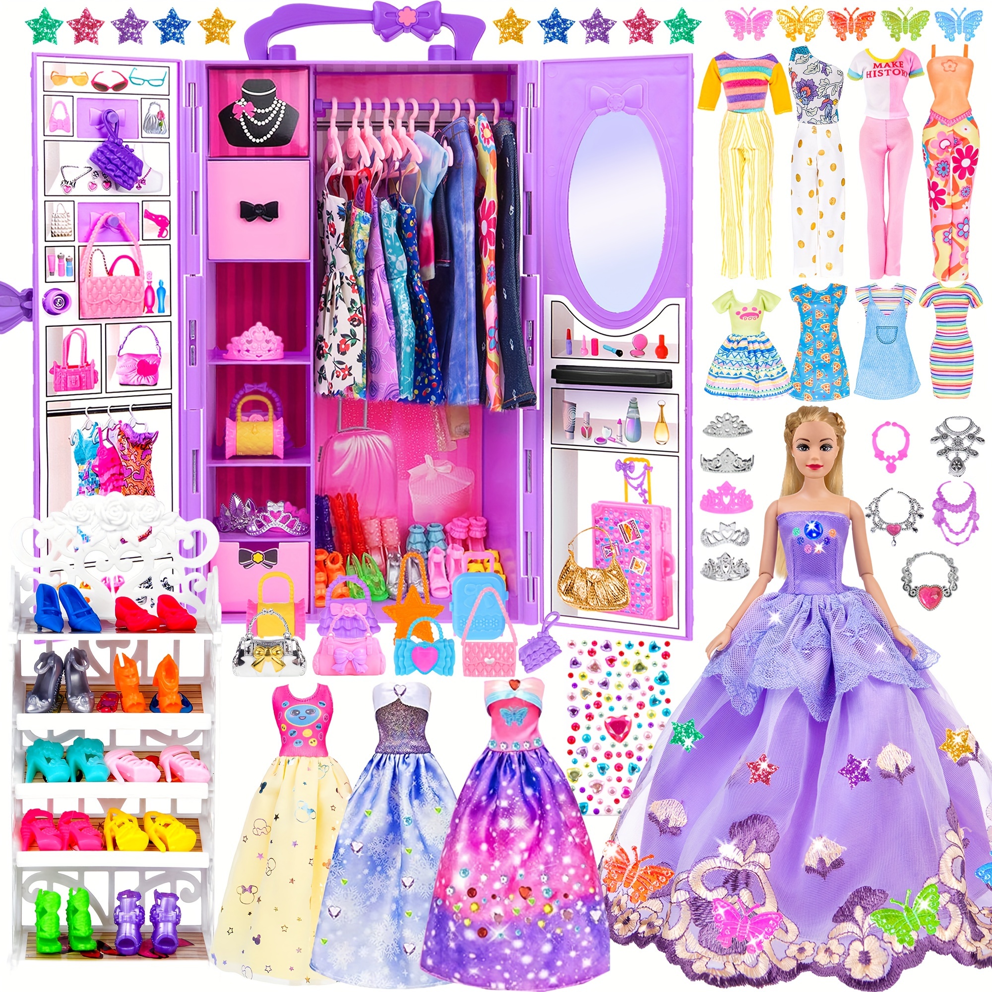 

Fashion 91pcs 11.5 Inch Girl Doll With Clothes Accessories And Closet, Princess Gowns, Fashion Dresses, Outfits, Swimsuits, Shoes, Hangers, Doll Dress Up Toys For Girls Kids Toddlers Toy Gifts