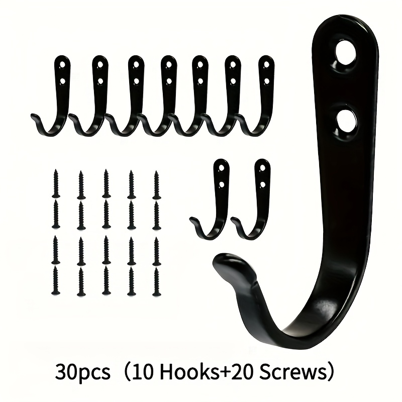 Image of 30pcs Heavy-duty Metal Wall Hooks With 10 Hooks & 20 Screws - Industrial Style Black Wall-mounted Hooks With Pre-drilled Holes & Included Nails, For Home Office