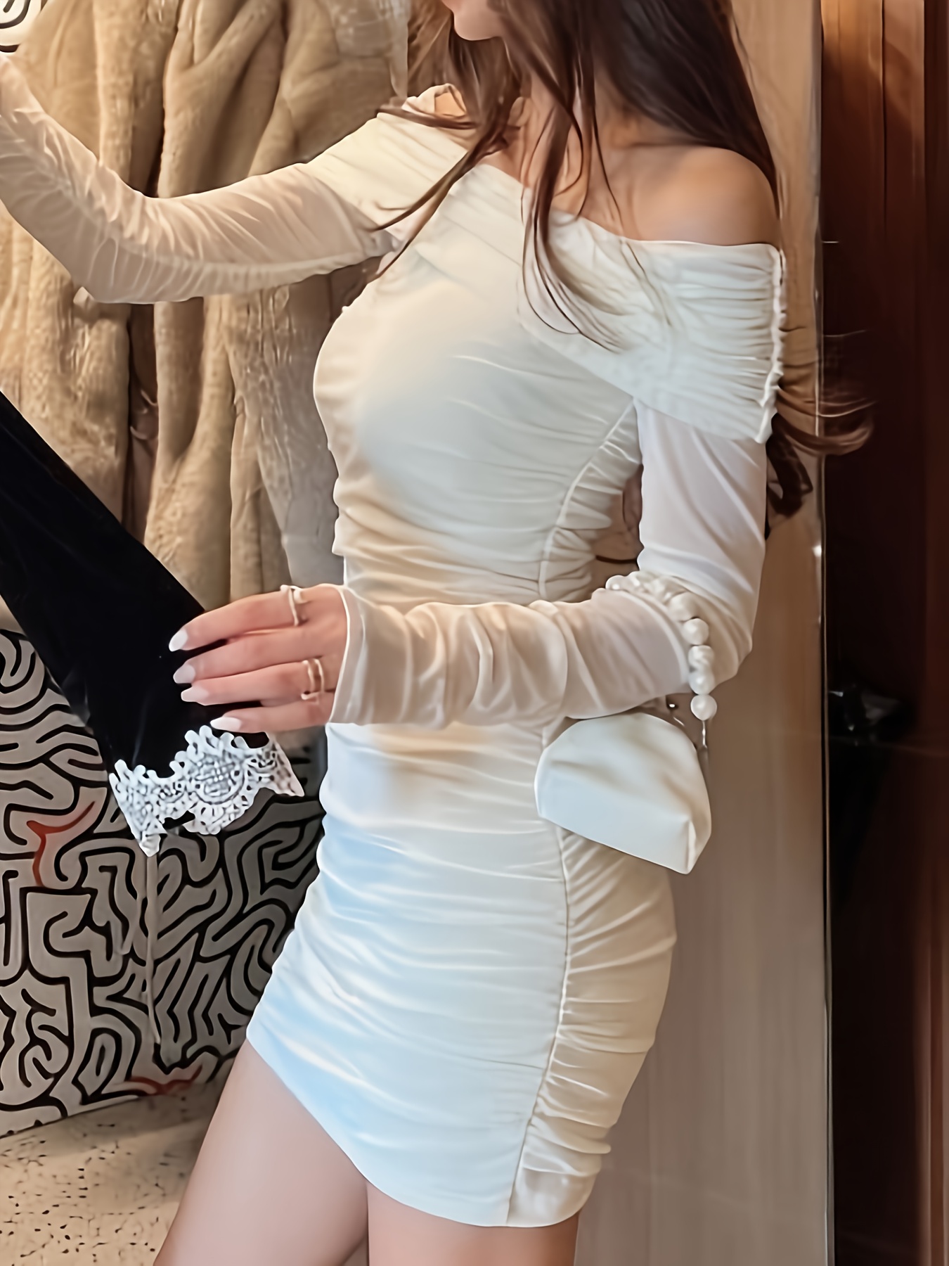 knee length dresses for ladies Long Sleeve Off The Shoulder Lace Up Ruched Mesh Mini Bodycon Dress main image 0