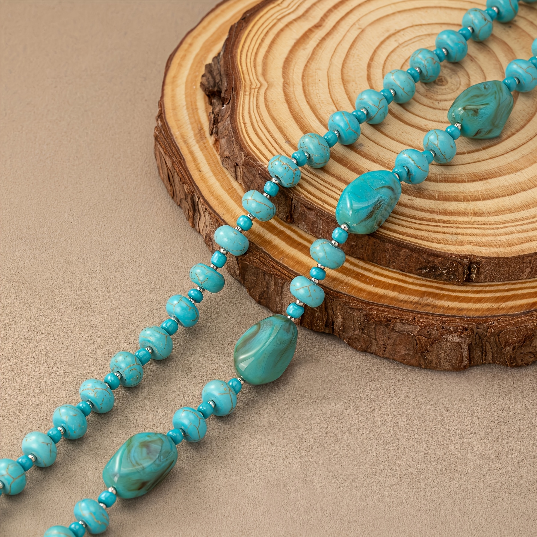 Vintage Bohemian Double Layer Necklace, Irregular Turquoise Stone Beads