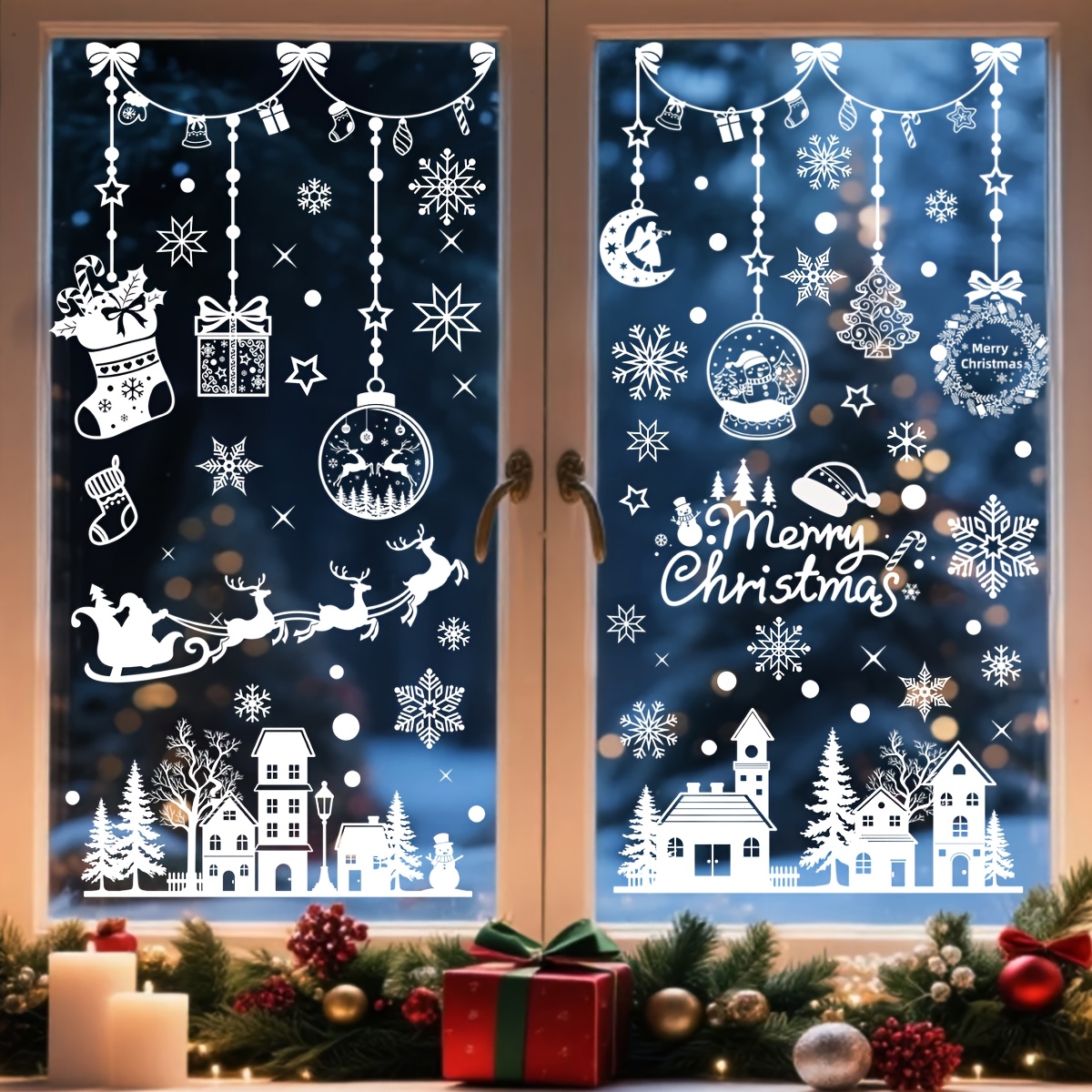 9 vel 196 stuks - Statische Kerst Raamstickers, Naadloze en Gemakkelijke Raamdecoraties - Sneeuwvlok Wit Thema "Vrolijk Kerstfeest" Letters - Kerstboom