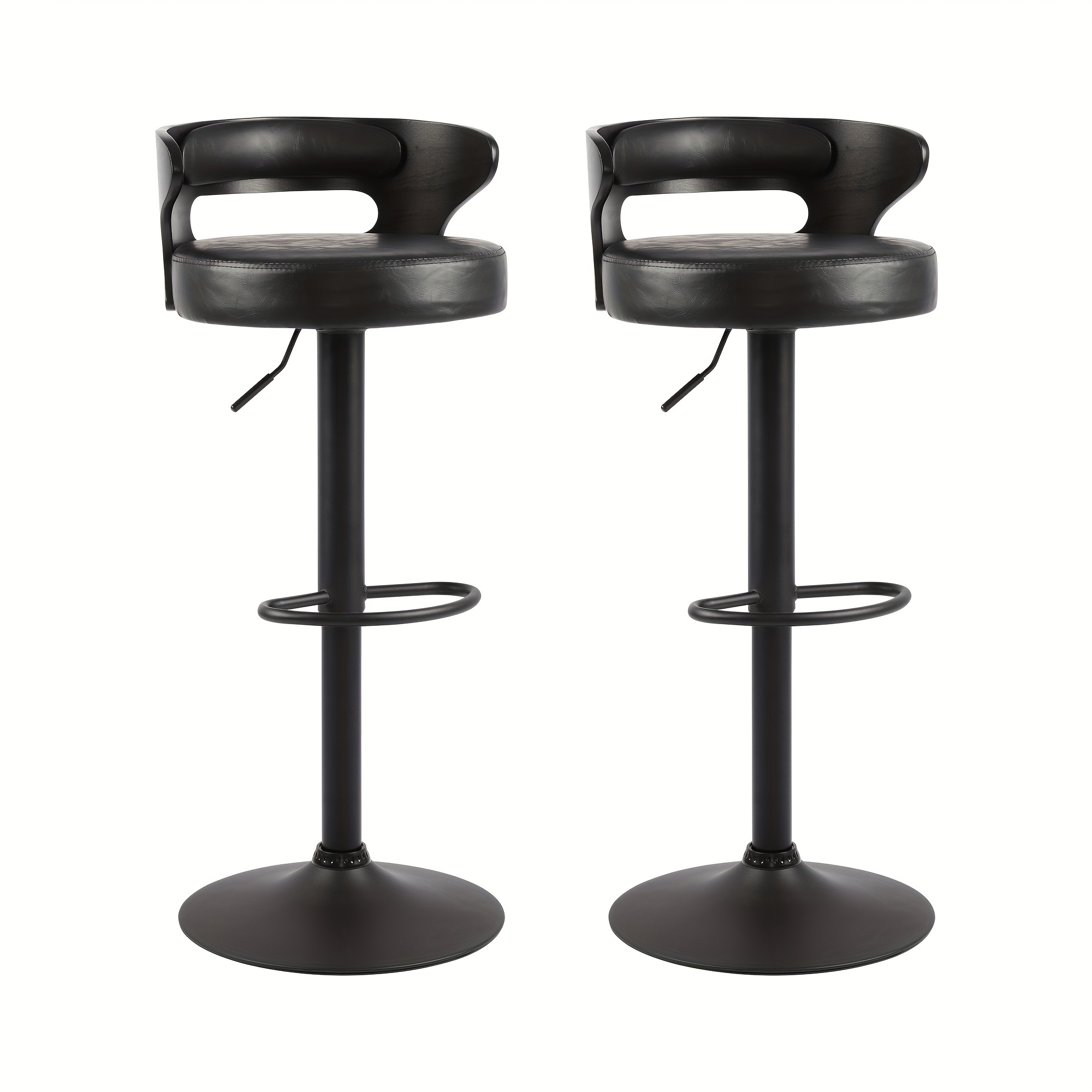 

Adjustable Swivel Bar Stools Set Of 2, Round Leather Upholstered Bar Chairs With Back & Footrest For Bar Kitchen Dining Room, Black