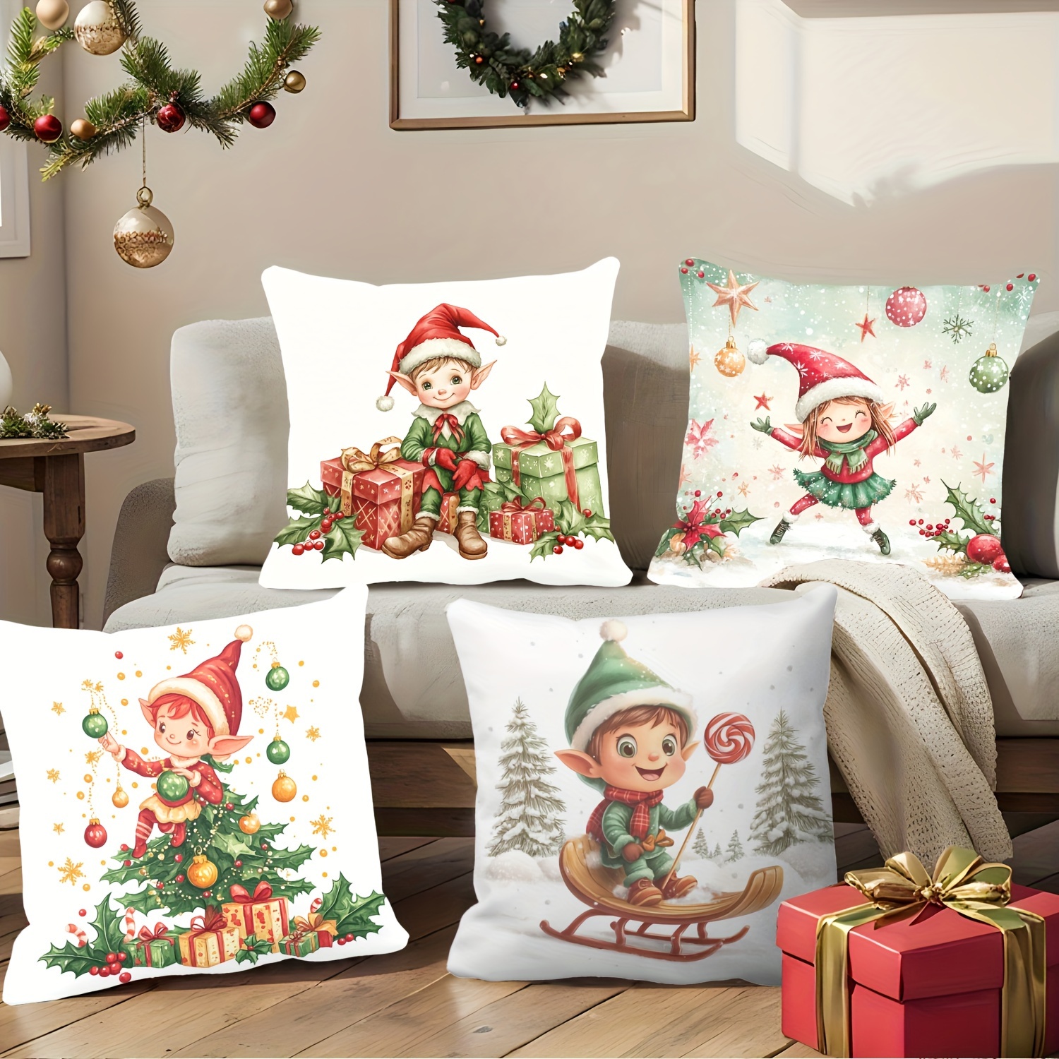 

Christmas Elf Set Of 4 - Presents And - 18 X 18 Decorative Pillowcases For - , , Polyester, - For Sofa, Bed, Decoration - Inserts Not Included