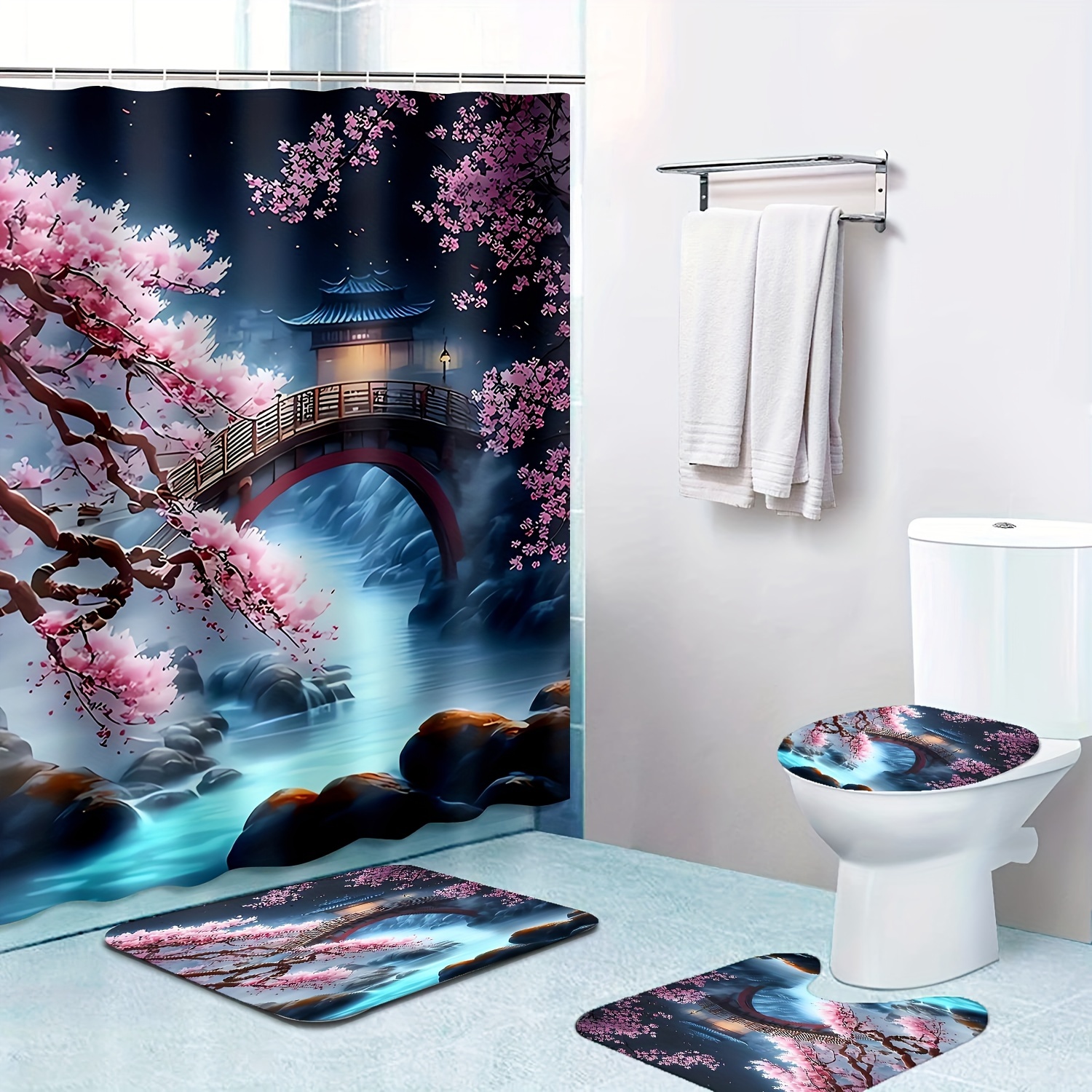 

1/4pcs Floral Bridge Pattern Shower Curtain Set, Waterproof Shower Curtain With 12 Hooks, Non-slip Bathroom Rug, Toilet U-shape Mat, Toilet Lid Cover Pad, Bathroom Decor