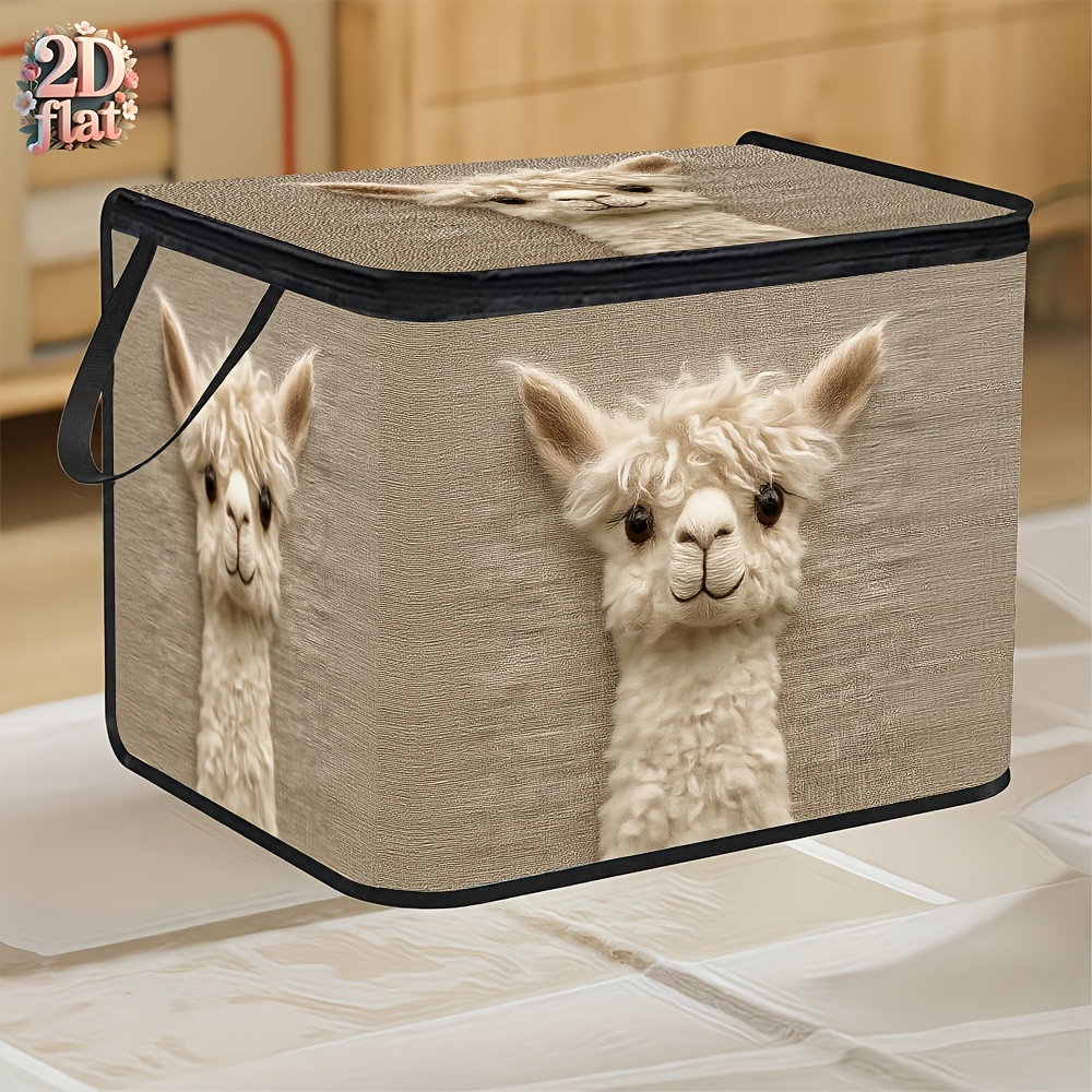 TEMU Large-capacity Foldable Storage Basket With Lid Suitable For Home, Dorm & Organization - Alpaca Doll Pattern Collapsible Box, Durable