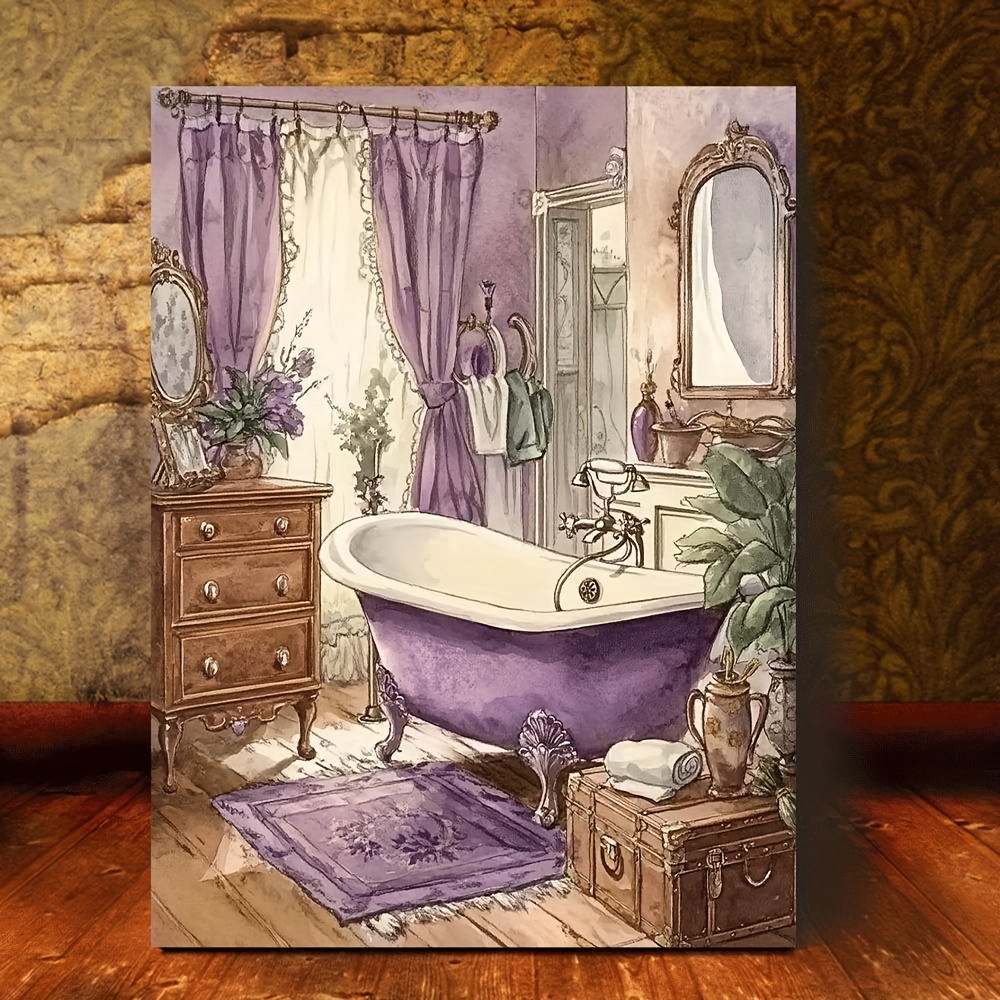 TEMU 2d Flat, Vintage Victorian Bathroom Canvas Wall Art - Elegant Purple & White Claw- Design, Frameless High-resolution Print, Decor For Living