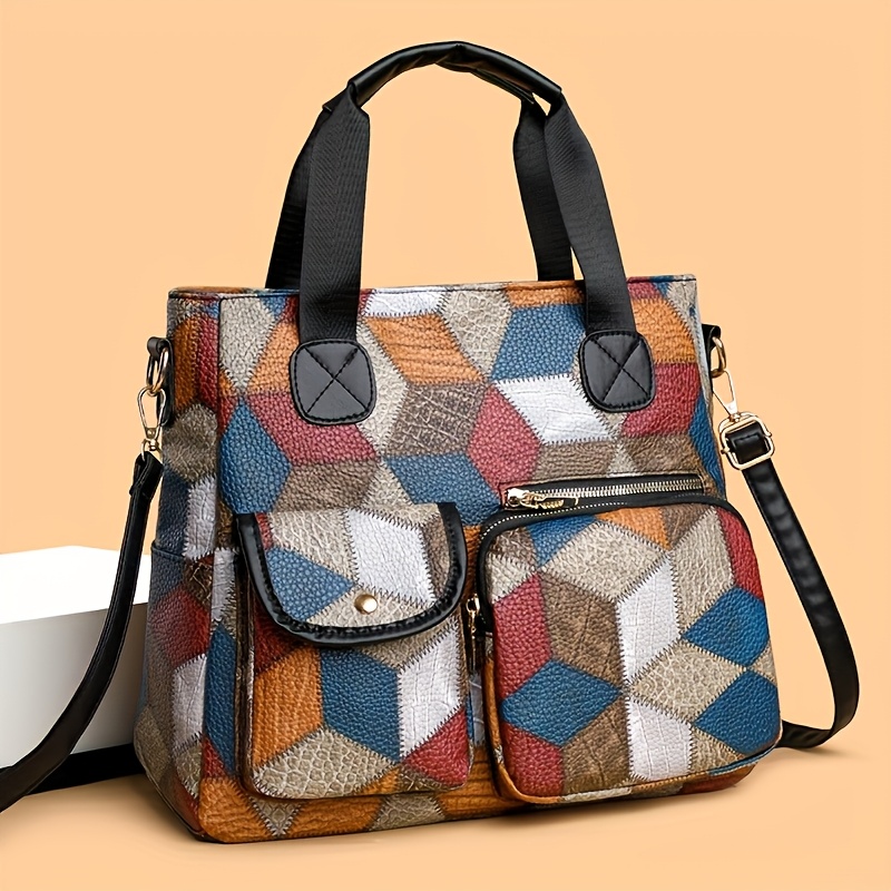 

Women's Leather Shoulder Bag, Casual Geometric 3d Pattern Handbag With Removable Strap, Zipper Closure, Polyester Lined, Television Show Theme Tote