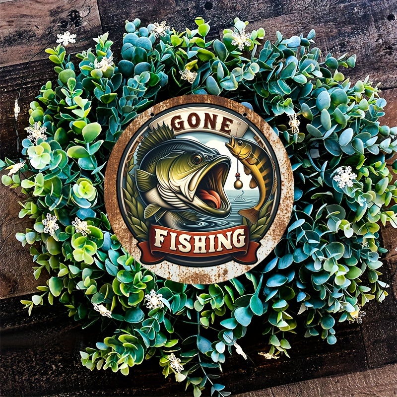 1pc Wooden Hang Tag Sign, Go Fishing Largemouth Bass Fisherman Round Wreath  Logo Design, Farmhouse Decor, Decorative Front Door Sign, Craft Decorative