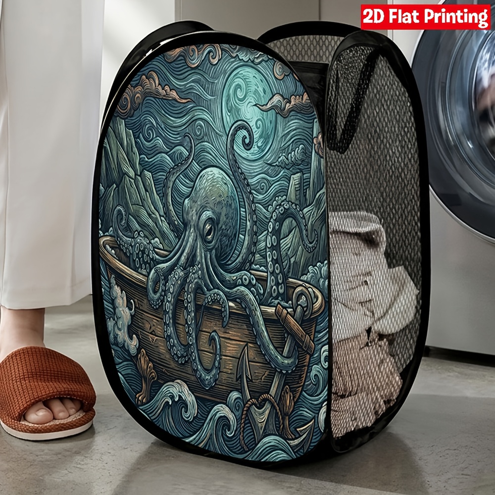 TEMU 1pc Octopus-themed Pop-up Laundry Hamper With Mesh Collapsible Storage Basket - Space-saving Suitable For Clothes,,, Room Organization, Modern