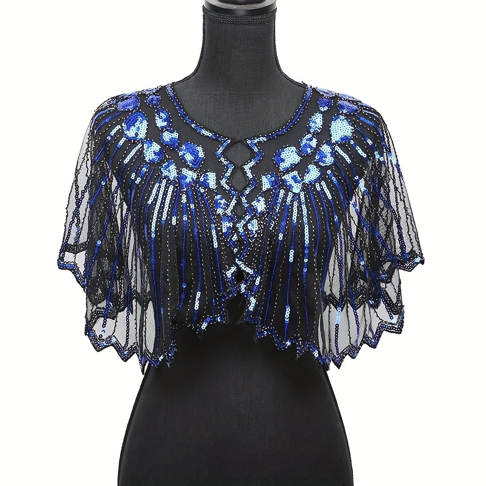 TEMU A Vintage 1920s Striped Sequin Dress Shawl, Featuring Embroidered Lace, An Elegant Retro Short Shawl, A Versatile Sequin And Bead Jacket, A