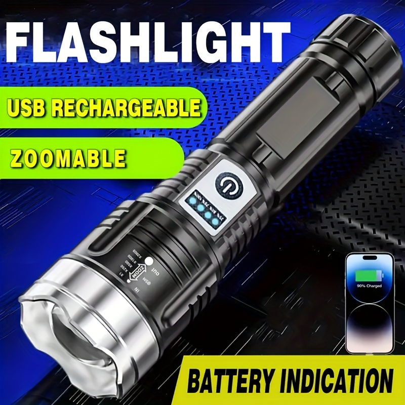 La linterna LED más potente, linterna recargable por USB, linterna de alta  potencia, linterna táctica, lámpara de mano de tiro largo para acampar