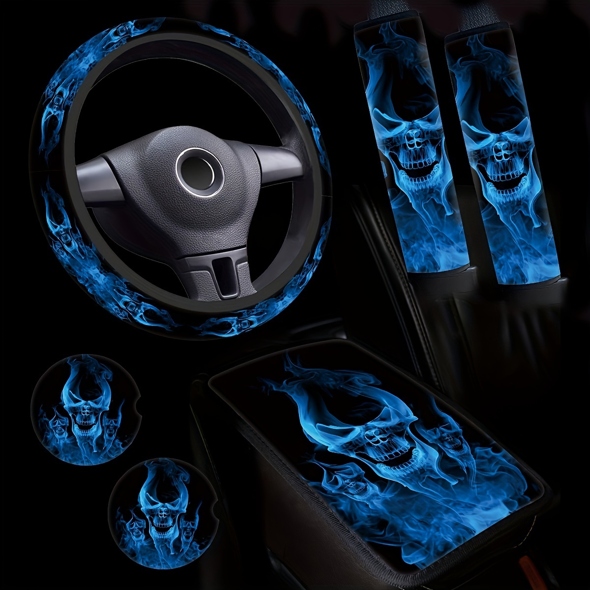 

Blue Flame Print 6-piece Set (1 Steering Wheel Cover +1 Center Armrest +2 Seat Belt Shoulder Covers +2 Coasters)
