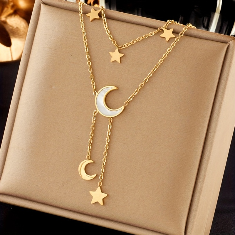 E-shop Kreativer Edelstahl Stern Mond Halskette Feine Kette Harz Mond Anhänger Halskette Mode