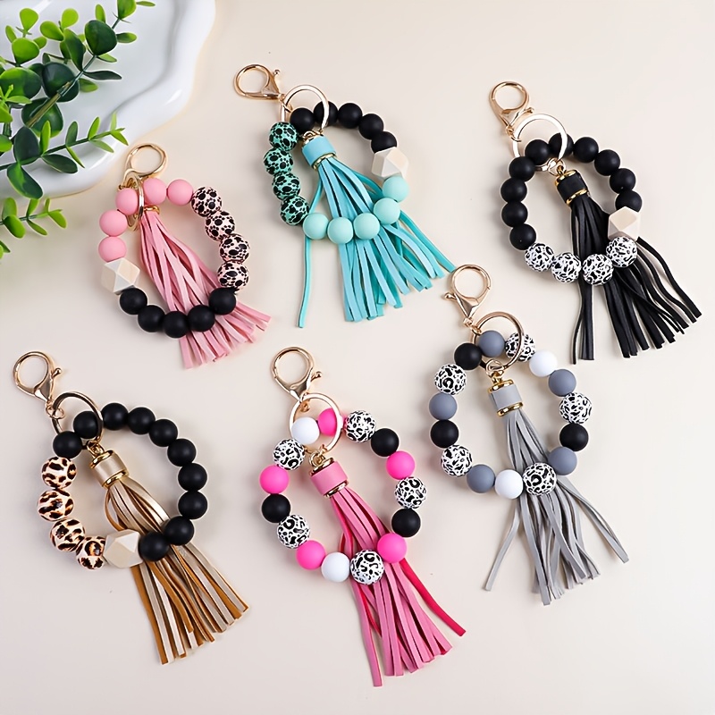 TEMU Set Of 6 Leopard-patterned Wooden Beads And Animal Paw Print Wooden Beads, Mixed Color Beads For Wristbands, Women's Keychain To Prevent Loss,