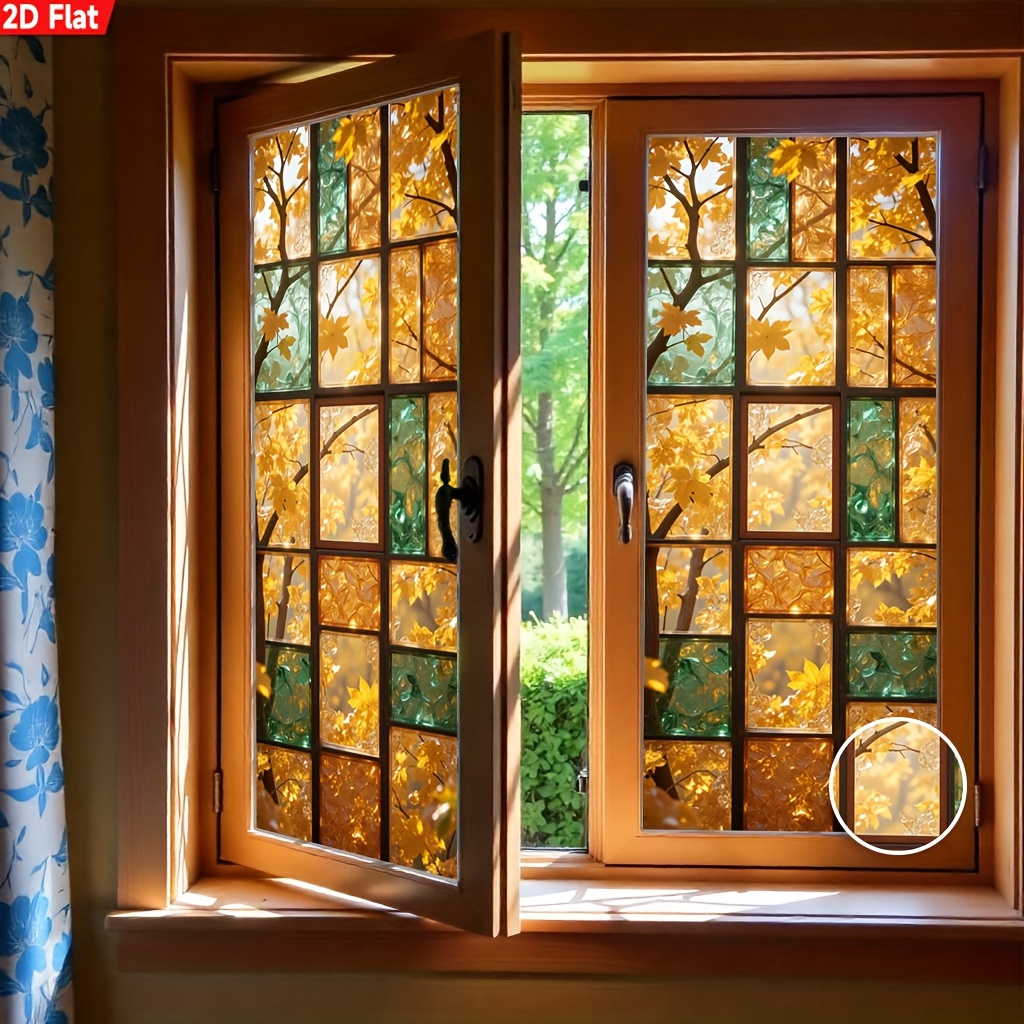 TEMU 1 Rouleau Film Autocollant Fenêtre 2D Motif de Verre Automne, Film Fenêtre Adsorption Électrostatique PET, 45 X 100 Cm, Protection Privée