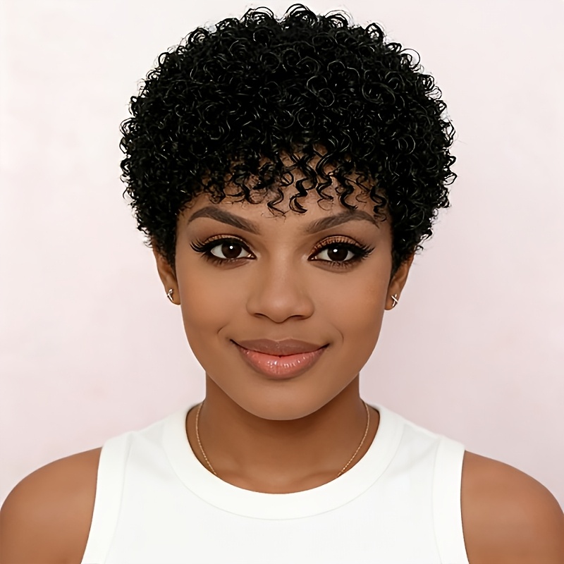 TEMU Perruque en Cheveux Humains Brésiliens 200 % de pour Femme - Coupe Afro Crépu Bouclé avec Frange, Bonnet à Filet Rose Colle, Perruque Courte