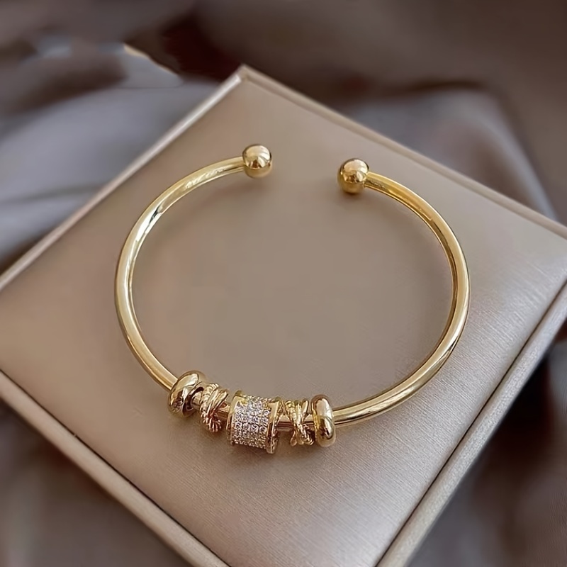 

A Single Open Bangle, A Luxurious And Niche High-end Round Bead Micro-inlaid Zirconia Copper Bracelet, A Daily Matching Gift For Girlfriend