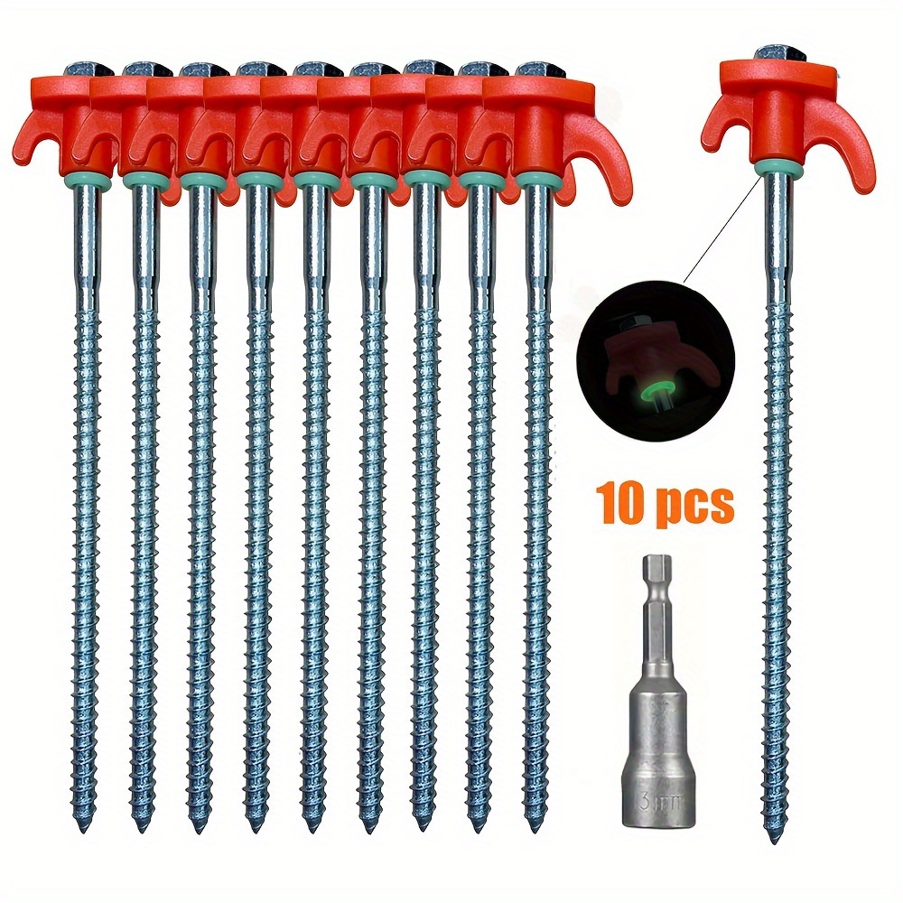 

10pcs Tent Stakes With Ring Heavy Duty, Ground Anchors Screw In Tent Pegs With Ring, Hex Head Driver And Storage Box,