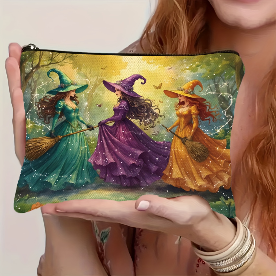 TEMU Borsa da trucco strega vintage - Design di foresta autunnale e , borsa cosmetica da viaggio con cerniera per articoli da toeletta e della pelle,