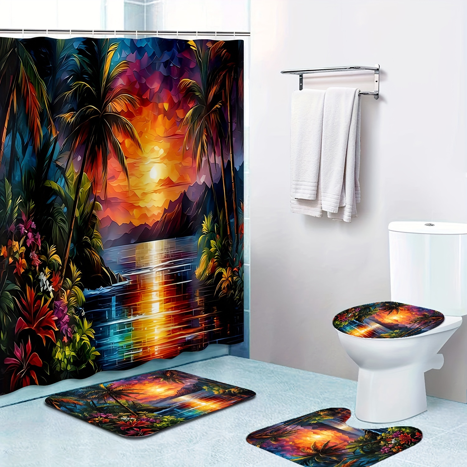 

1/4pcs Tropical Sunset Pattern Set, Waterproof With Hooks, Non-slip Bathroom Rug, Toilet U-shape Mat, Toilet Lid Cover Pad, Bathroom Decor