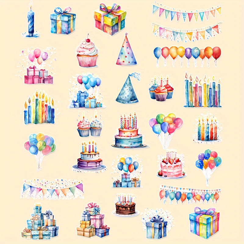 Birthday Party Watercolor Stickers Set - Vinyl, Self-adhesive Decals With Cake, Balloons, Gifts & Confetti Designs For Diy Projects, Journals, Backpacks, And More, Birthday Party Decorations