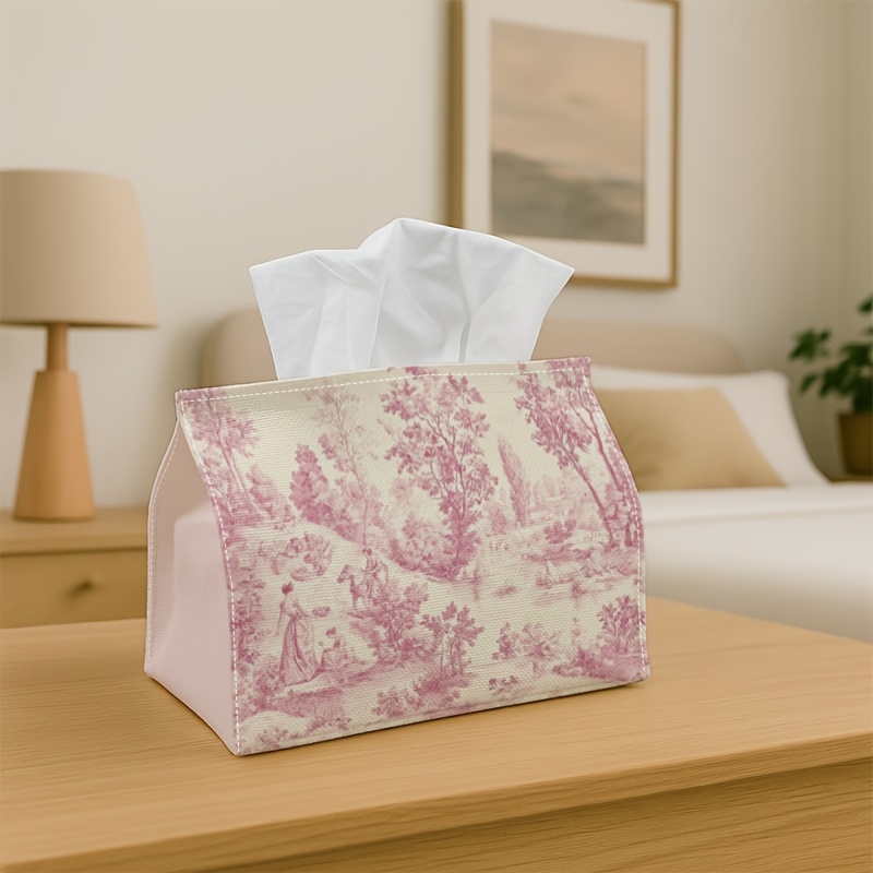 TEMU 1pc Romantic Pastoral Toile Tissue Box Cover, Landscape High-quality,durable,lightweight,foldable Storage,ideal For Living Room And Dining Room