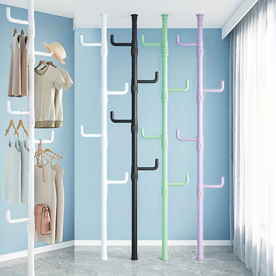 Adjustable Height Clothes Rack Rod with 4 Hooks, No Installation