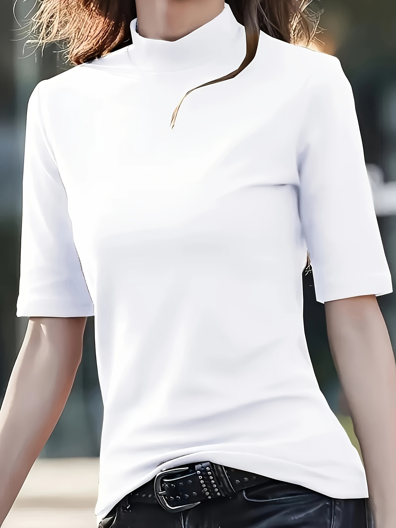 Women's Casual T-Shirt - High Elasticity Solid Green Crew Neck Top, Machine Washable & Dry Cleanable, Regular Fit All-Season Versatile Shirt for Casual Attire, Ladies T Shirts, Elegant Style, Highelasticity Fabric