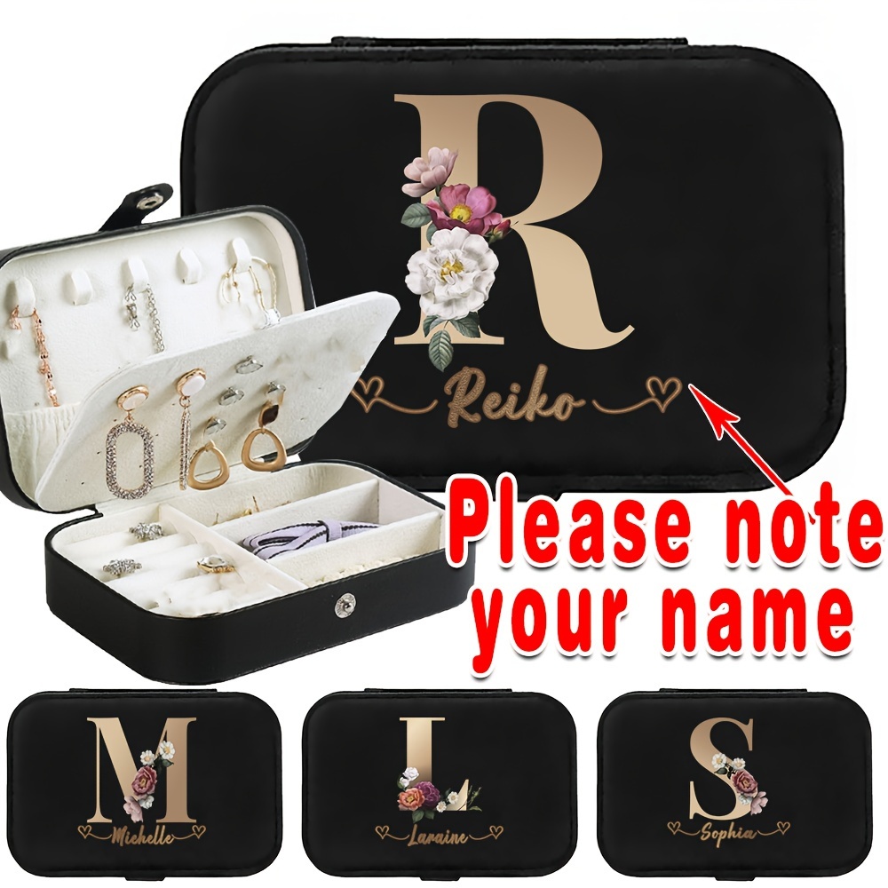 

Pu Leather Mini Jewelry Case, Travel Organizer For Earrings & Bracelets, Custom Name Box With Golden Floral Letter, Lightweight & Protective Box With Adjustable Earring Plate(6.2''x 4.3'')