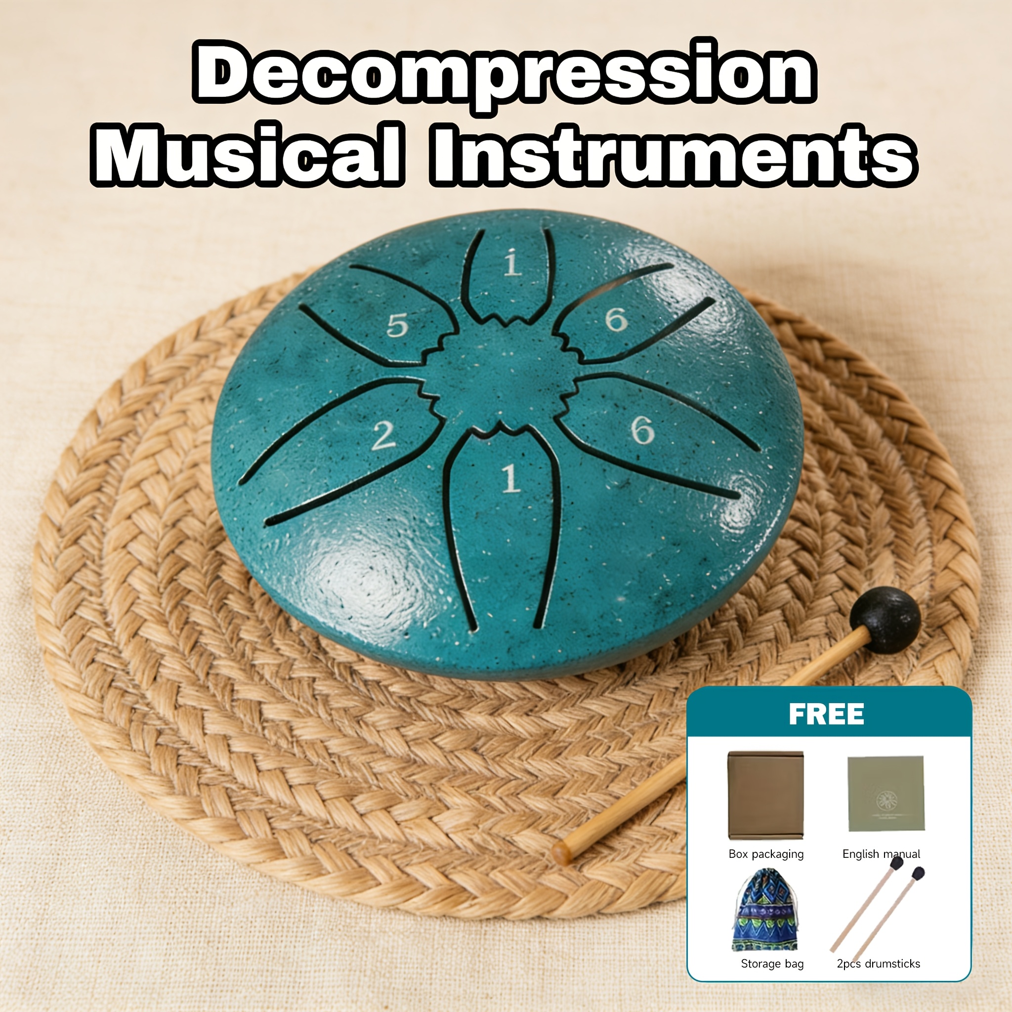 TEMU 3-inch 6-note Portable Drum, With Drumstick, Sheet Music And Storage Bag, Handheld Percussion Instrument, Suitable For Camping, Parties,