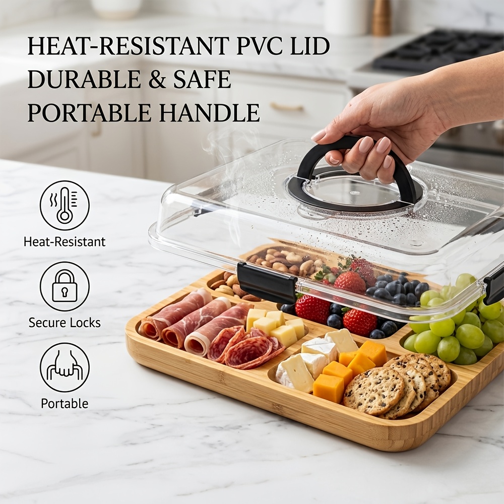 TEMU 1 plateau à fromage en bambou avec couvercle en acrylique transparent, plateau de service portable pour - avec compartiments divisés, couvercle