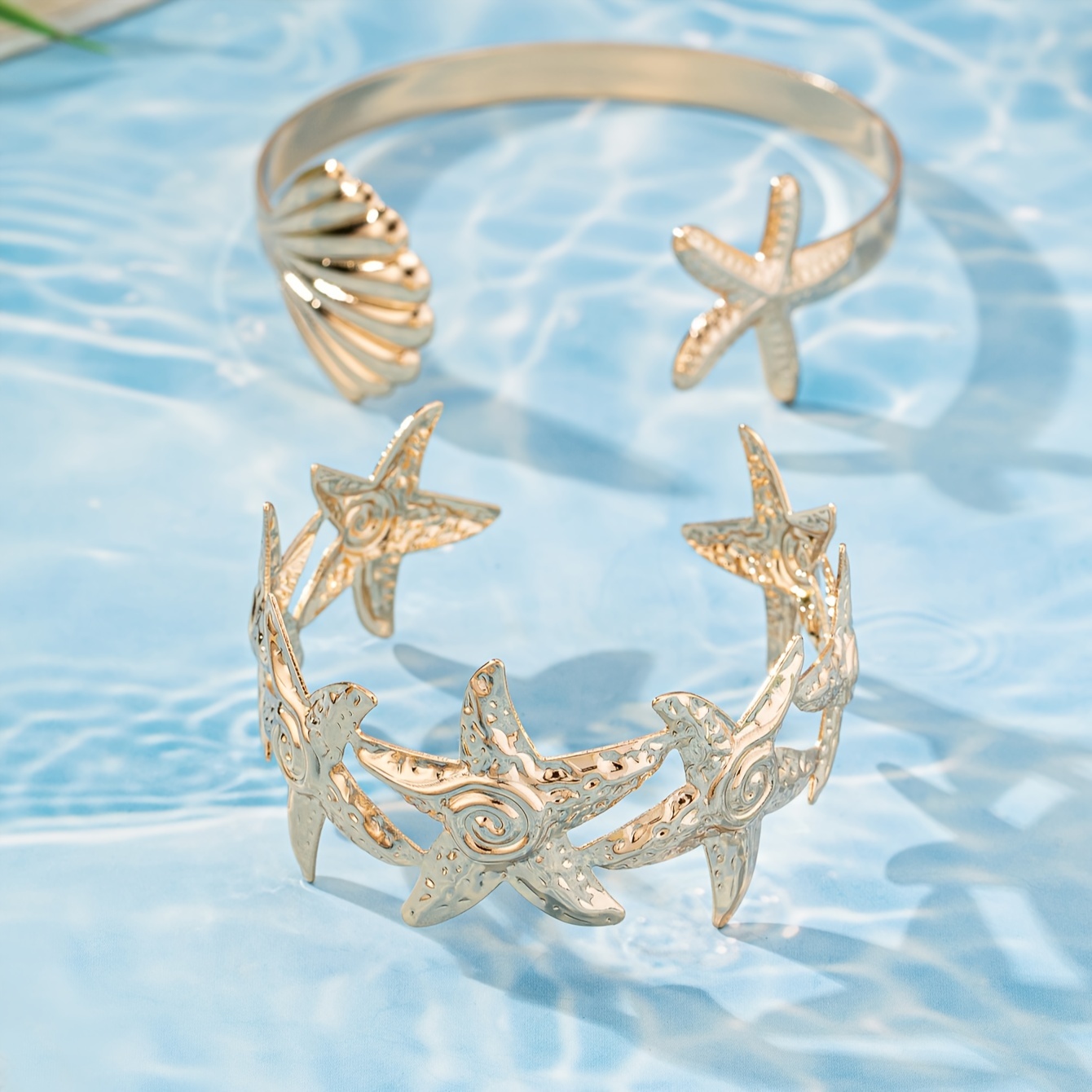 Nautical Starfish & Shell Bracelet Set Golden Tone Ocean Themed Ba